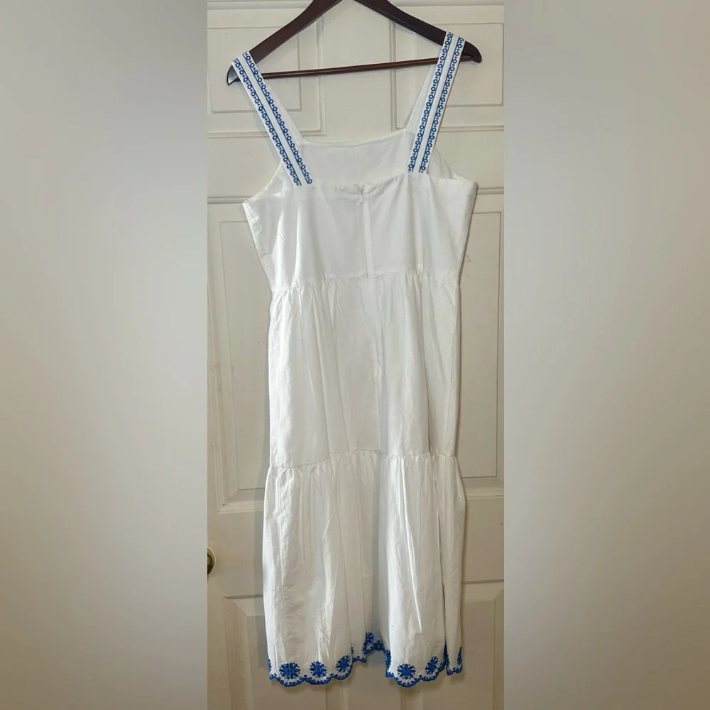J Crew Embroidered Hem Straps Tiered Sleeveless Dress Scalloped Hem Blue White 8